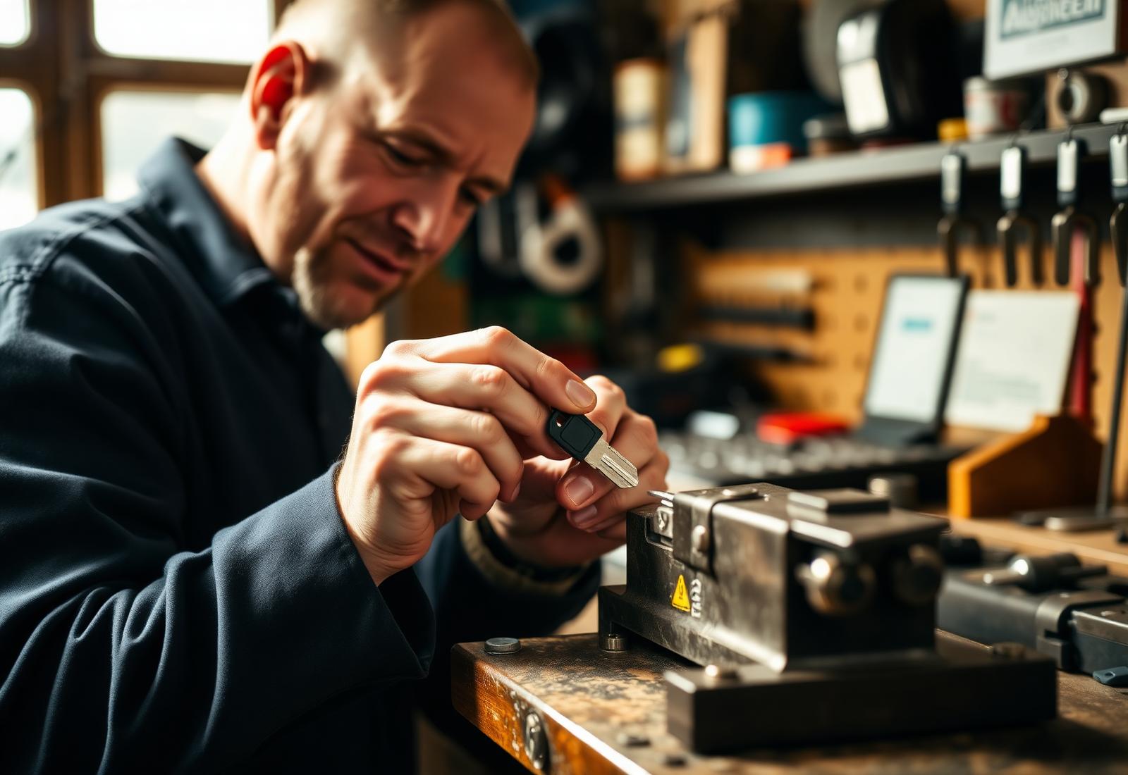 John Kelliher cutting a car key at the Kellihers Mills workshop